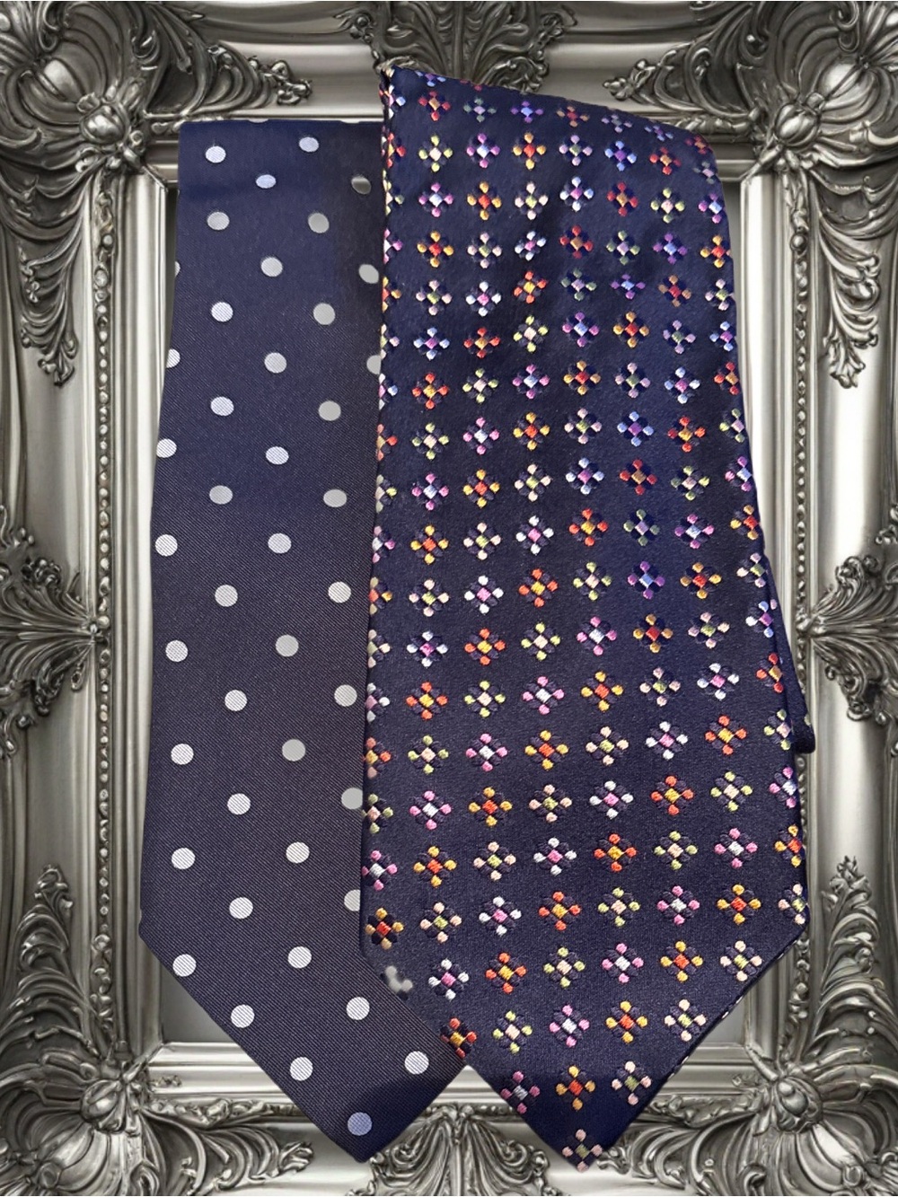 Vintage Navy Patterned Silk Tie - Polka Dot & Geometric Pair